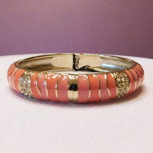 Sequin Gold Tone  Coral & Salmon Enamel Rhinestone Hinged Bangle Bracele…